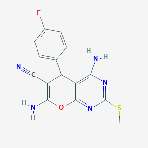 molecular formula C15H12FN5OS B11067448 4,7-diamino-5-(4-fluorophenyl)-2-(methylsulfanyl)-5H-pyrano[2,3-d]pyrimidine-6-carbonitrile 