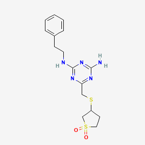 molecular formula C16H21N5O2S2 B11067628 6-{[(1,1-dioxidotetrahydrothiophen-3-yl)sulfanyl]methyl}-N-(2-phenylethyl)-1,3,5-triazine-2,4-diamine 