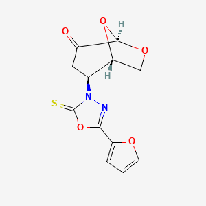 (1S,2S,5R)-2-[5-(furan-2-yl)-2-thioxo-1,3,4-oxadiazol-3(2H)-yl]-6,8-dioxabicyclo[3.2.1]octan-4-one (non-preferred name)