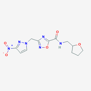 molecular formula C12H14N6O5 B11068489 3-[(3-nitro-1H-pyrazol-1-yl)methyl]-N-(tetrahydrofuran-2-ylmethyl)-1,2,4-oxadiazole-5-carboxamide 