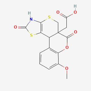 molecular formula C16H13NO6S2 B11068507 2-(6-methoxy-9,15-dioxo-8-oxa-12,16-dithia-14-azatetracyclo[8.7.0.02,7.013,17]heptadeca-2(7),3,5,13(17)-tetraen-10-yl)acetic acid 