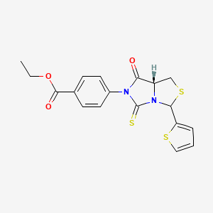 molecular formula C18H16N2O3S3 B11068513 ethyl 4-[(7aR)-7-oxo-3-(thiophen-2-yl)-5-thioxodihydro-1H-imidazo[1,5-c][1,3]thiazol-6(5H)-yl]benzoate 