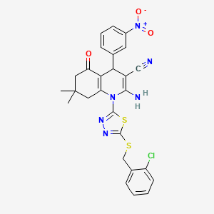 molecular formula C27H23ClN6O3S2 B11068532 2-Amino-1-{5-[(2-chlorobenzyl)sulfanyl]-1,3,4-thiadiazol-2-yl}-7,7-dimethyl-4-(3-nitrophenyl)-5-oxo-1,4,5,6,7,8-hexahydroquinoline-3-carbonitrile 