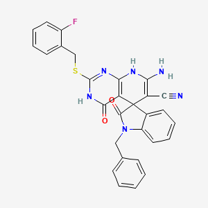 molecular formula C29H21FN6O2S B11068565 7'-Amino-1-benzyl-2'-[(2-fluorobenzyl)thio]-2,4'-dioxo-1,2,4',8'-tetrahydro-3'H-spiro[indole-3,5'-pyrido[2,3-D]pyrimidine]-6'-carbonitrile 