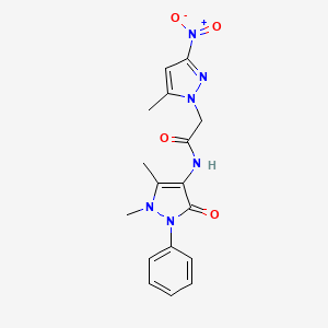 molecular formula C17H18N6O4 B11068638 N-(1,5-dimethyl-3-oxo-2-phenyl-2,3-dihydro-1H-pyrazol-4-yl)-2-(5-methyl-3-nitro-1H-pyrazol-1-yl)acetamide 