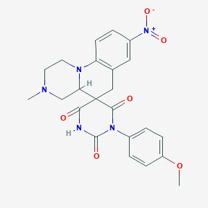 molecular formula C23H23N5O6 B11068780 1'-(4-methoxyphenyl)-3-methyl-8-nitro-2,3,4,4a-tetrahydro-1H,2'H,6H-spiro[pyrazino[1,2-a]quinoline-5,5'-pyrimidine]-2',4',6'(1'H,3'H)-trione 