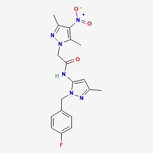 molecular formula C18H19FN6O3 B11069108 2-(3,5-dimethyl-4-nitro-1H-pyrazol-1-yl)-N-[1-(4-fluorobenzyl)-3-methyl-1H-pyrazol-5-yl]acetamide 