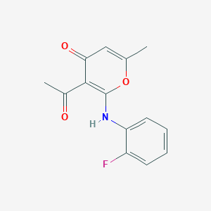 molecular formula C14H12FNO3 B11069202 3-acetyl-2-[(2-fluorophenyl)amino]-6-methyl-4H-pyran-4-one 