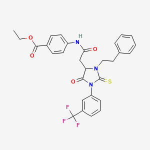 Ethyl 4-[({5-oxo-3-(2-phenylethyl)-2-thioxo-1-[3-(trifluoromethyl)phenyl]imidazolidin-4-yl}acetyl)amino]benzoate