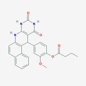 molecular formula C26H23N3O5 B11069514 4-(9,11-Dioxo-7,8,9,10,11,12-hexahydrobenzo[F]pyrimido[4,5-B]quinolin-12-YL)-2-methoxyphenyl butyrate 