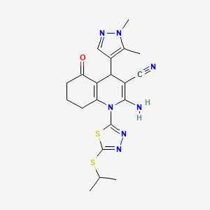 molecular formula C20H23N7OS2 B11069692 2-amino-4-(1,5-dimethyl-1H-pyrazol-4-yl)-5-oxo-1-[5-(propan-2-ylsulfanyl)-1,3,4-thiadiazol-2-yl]-1,4,5,6,7,8-hexahydroquinoline-3-carbonitrile 