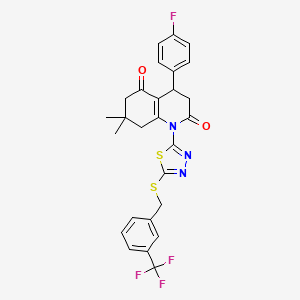 molecular formula C27H23F4N3O2S2 B11069761 4-(4-fluorophenyl)-7,7-dimethyl-1-(5-{[3-(trifluoromethyl)benzyl]sulfanyl}-1,3,4-thiadiazol-2-yl)-4,6,7,8-tetrahydroquinoline-2,5(1H,3H)-dione 