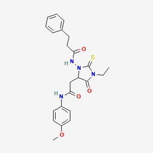 molecular formula C23H26N4O4S B11069968 N-(3-ethyl-5-{2-[(4-methoxyphenyl)amino]-2-oxoethyl}-4-oxo-2-thioxoimidazolidin-1-yl)-3-phenylpropanamide 