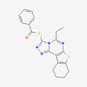 molecular formula C20H18N4OS2 B11070235 S-(7-ethyl-10-thia-3,4,6,8-tetrazatetracyclo[7.7.0.02,6.011,16]hexadeca-1(9),2,4,7,11(16)-pentaen-5-yl) benzenecarbothioate 