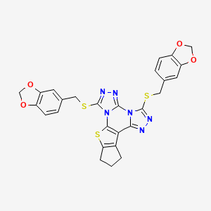 molecular formula C27H20N6O4S3 B11070326 3,8-bis(1,3-benzodioxol-5-ylmethylsulfanyl)-18-thia-2,4,5,7,9,10-hexazapentacyclo[10.6.0.02,6.07,11.013,17]octadeca-1(12),3,5,8,10,13(17)-hexaene 