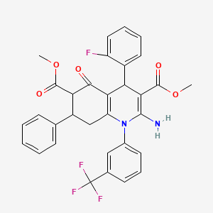 molecular formula C32H26F4N2O5 B11070741 Dimethyl 2-amino-4-(2-fluorophenyl)-5-oxo-7-phenyl-1-[3-(trifluoromethyl)phenyl]-1,4,5,6,7,8-hexahydroquinoline-3,6-dicarboxylate 