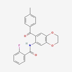 molecular formula C23H18FNO4 B11070795 2-fluoro-N-{7-[(4-methylphenyl)carbonyl]-2,3-dihydro-1,4-benzodioxin-6-yl}benzamide 