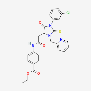 molecular formula C26H23ClN4O4S B11070906 Ethyl 4-({[1-(3-chlorophenyl)-5-oxo-3-(pyridin-2-ylmethyl)-2-thioxoimidazolidin-4-yl]acetyl}amino)benzoate 