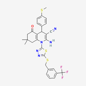 molecular formula C29H26F3N5OS3 B11070945 2-Amino-7,7-dimethyl-4-[4-(methylsulfanyl)phenyl]-5-oxo-1-(5-{[3-(trifluoromethyl)benzyl]sulfanyl}-1,3,4-thiadiazol-2-yl)-1,4,5,6,7,8-hexahydroquinoline-3-carbonitrile 