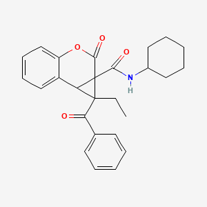 molecular formula C26H27NO4 B11070964 N-cyclohexyl-1-ethyl-2-oxo-1-(phenylcarbonyl)-1,7b-dihydrocyclopropa[c]chromene-1a(2H)-carboxamide 