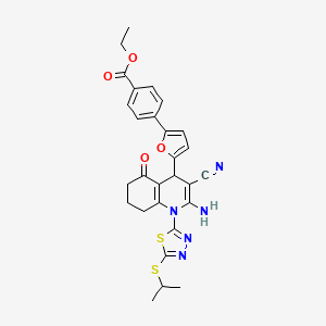 Ethyl 4-(5-{2-amino-3-cyano-5-oxo-1-[5-(propan-2-ylsulfanyl)-1,3,4-thiadiazol-2-yl]-1,4,5,6,7,8-hexahydroquinolin-4-yl}furan-2-yl)benzoate