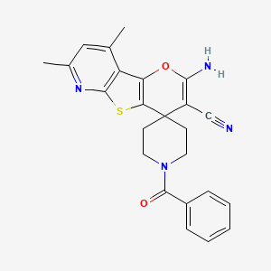 molecular formula C24H22N4O2S B11071249 4-amino-1'-benzoyl-11,13-dimethylspiro[3-oxa-8-thia-10-azatricyclo[7.4.0.02,7]trideca-1(9),2(7),4,10,12-pentaene-6,4'-piperidine]-5-carbonitrile 