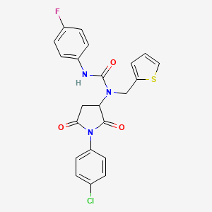 molecular formula C22H17ClFN3O3S B11071438 1-[1-(4-Chlorophenyl)-2,5-dioxopyrrolidin-3-yl]-3-(4-fluorophenyl)-1-(thiophen-2-ylmethyl)urea 