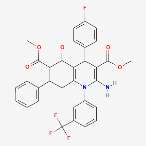 molecular formula C32H26F4N2O5 B11071952 Dimethyl 2-amino-4-(4-fluorophenyl)-5-oxo-7-phenyl-1-[3-(trifluoromethyl)phenyl]-1,4,5,6,7,8-hexahydroquinoline-3,6-dicarboxylate 