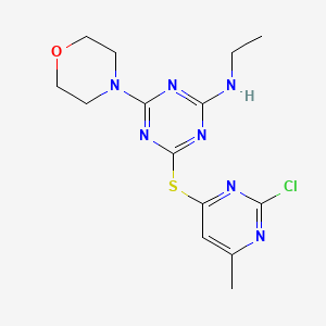 molecular formula C14H18ClN7OS B11071962 4-[(2-chloro-6-methylpyrimidin-4-yl)sulfanyl]-N-ethyl-6-(morpholin-4-yl)-1,3,5-triazin-2-amine 