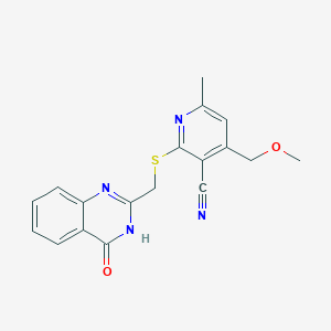 molecular formula C18H16N4O2S B11072334 4-(Methoxymethyl)-6-methyl-2-{[(4-oxo-3,4-dihydroquinazolin-2-yl)methyl]thio}nicotinonitrile 