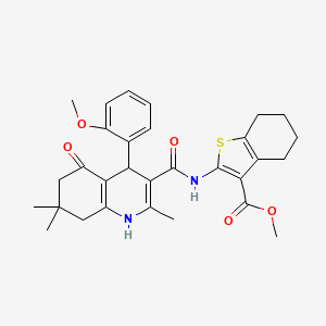 molecular formula C30H34N2O5S B11072517 Methyl 2-({[4-(2-methoxyphenyl)-2,7,7-trimethyl-5-oxo-1,4,5,6,7,8-hexahydroquinolin-3-yl]carbonyl}amino)-4,5,6,7-tetrahydro-1-benzothiophene-3-carboxylate 