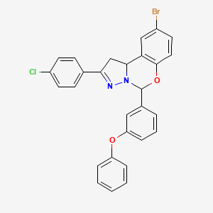 molecular formula C28H20BrClN2O2 B11072589 9-Bromo-2-(4-chlorophenyl)-5-(3-phenoxyphenyl)-1,10b-dihydropyrazolo[1,5-c][1,3]benzoxazine 