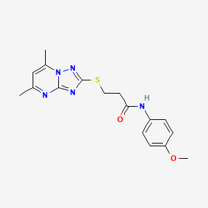 molecular formula C17H19N5O2S B11072647 3-[(5,7-dimethyl[1,2,4]triazolo[1,5-a]pyrimidin-2-yl)sulfanyl]-N-(4-methoxyphenyl)propanamide 