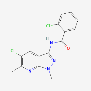 molecular formula C16H14Cl2N4O B11072653 2-chloro-N-(5-chloro-1,4,6-trimethyl-1H-pyrazolo[3,4-b]pyridin-3-yl)benzamide 