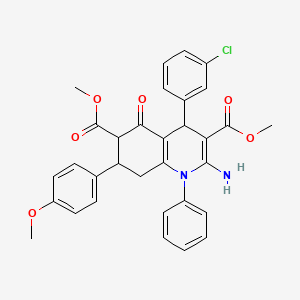 molecular formula C32H29ClN2O6 B11072698 Dimethyl 2-amino-4-(3-chlorophenyl)-7-(4-methoxyphenyl)-5-oxo-1-phenyl-1,4,5,6,7,8-hexahydroquinoline-3,6-dicarboxylate 