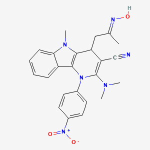 molecular formula C24H24N6O3 B11072752 2-(dimethylamino)-4-[(2E)-2-(hydroxyimino)propyl]-5-methyl-1-(4-nitrophenyl)-4,5-dihydro-1H-pyrido[3,2-b]indole-3-carbonitrile 