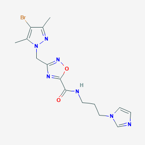 molecular formula C15H18BrN7O2 B11072783 3-[(4-bromo-3,5-dimethyl-1H-pyrazol-1-yl)methyl]-N-[3-(1H-imidazol-1-yl)propyl]-1,2,4-oxadiazole-5-carboxamide 