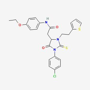 molecular formula C25H24ClN3O3S2 B11072886 2-{1-(4-chlorophenyl)-5-oxo-3-[2-(thiophen-2-yl)ethyl]-2-thioxoimidazolidin-4-yl}-N-(4-ethoxyphenyl)acetamide 