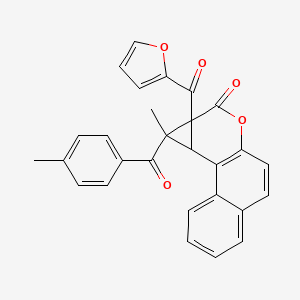 molecular formula C28H20O5 B11072961 1A-(2-Furylcarbonyl)-1-methyl-1-(4-methylbenzoyl)-1A,9C-dihydrobenzo[F]cyclopropa[C]chromen-2(1H)-one 