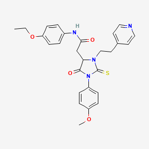 molecular formula C27H28N4O4S B11073162 N-(4-ethoxyphenyl)-2-{1-(4-methoxyphenyl)-5-oxo-3-[2-(pyridin-4-yl)ethyl]-2-thioxoimidazolidin-4-yl}acetamide 