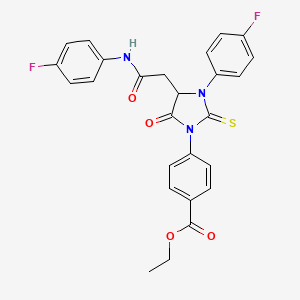 molecular formula C26H21F2N3O4S B11073176 Ethyl 4-[3-(4-fluorophenyl)-4-{2-[(4-fluorophenyl)amino]-2-oxoethyl}-5-oxo-2-thioxoimidazolidin-1-yl]benzoate 