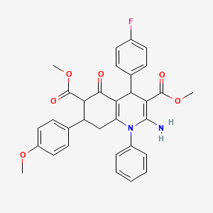 molecular formula C32H29FN2O6 B11073239 Dimethyl 2-amino-4-(4-fluorophenyl)-7-(4-methoxyphenyl)-5-oxo-1-phenyl-1,4,5,6,7,8-hexahydroquinoline-3,6-dicarboxylate 