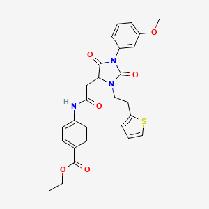 molecular formula C27H27N3O6S B11073251 Ethyl 4-[({1-(3-methoxyphenyl)-2,5-dioxo-3-[2-(thiophen-2-yl)ethyl]imidazolidin-4-yl}acetyl)amino]benzoate 