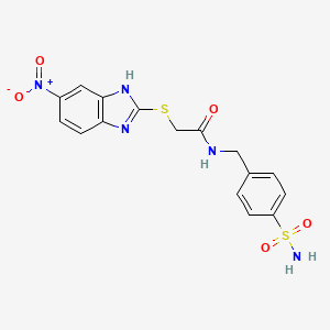 molecular formula C16H15N5O5S2 B11073325 2-[(5-nitro-1H-benzimidazol-2-yl)sulfanyl]-N-(4-sulfamoylbenzyl)acetamide 