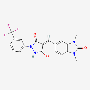 molecular formula C20H15F3N4O3 B11073382 (4E)-4-[(1,3-dimethyl-2-oxo-2,3-dihydro-1H-benzimidazol-5-yl)methylidene]-1-[3-(trifluoromethyl)phenyl]pyrazolidine-3,5-dione 