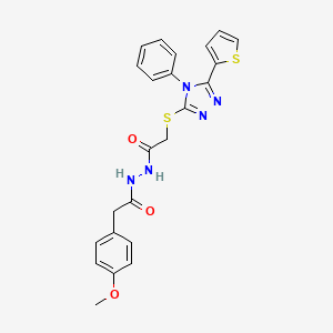 molecular formula C23H21N5O3S2 B11073816 2-(4-methoxyphenyl)-N'-({[4-phenyl-5-(thiophen-2-yl)-4H-1,2,4-triazol-3-yl]sulfanyl}acetyl)acetohydrazide 