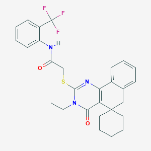 molecular formula C28H28F3N3O2S B11074284 2-[(3-ethyl-4-oxo-4,6-dihydro-3H-spiro[benzo[h]quinazoline-5,1'-cyclohexan]-2-yl)sulfanyl]-N-[2-(trifluoromethyl)phenyl]acetamide 