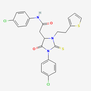 molecular formula C23H19Cl2N3O2S2 B11074343 N-(4-chlorophenyl)-2-{1-(4-chlorophenyl)-5-oxo-3-[2-(thiophen-2-yl)ethyl]-2-thioxoimidazolidin-4-yl}acetamide 