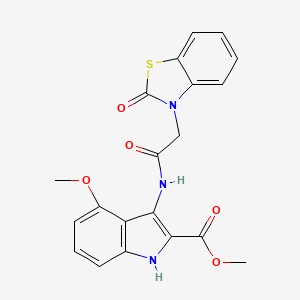 molecular formula C20H17N3O5S B11074372 methyl 4-methoxy-3-{[(2-oxo-1,3-benzothiazol-3(2H)-yl)acetyl]amino}-1H-indole-2-carboxylate 