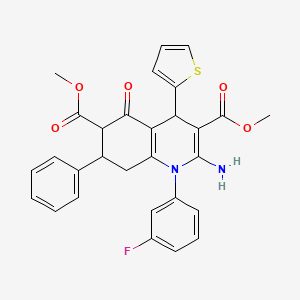 molecular formula C29H25FN2O5S B11074416 Dimethyl 2-amino-1-(3-fluorophenyl)-5-oxo-7-phenyl-4-(thiophen-2-yl)-1,4,5,6,7,8-hexahydroquinoline-3,6-dicarboxylate 